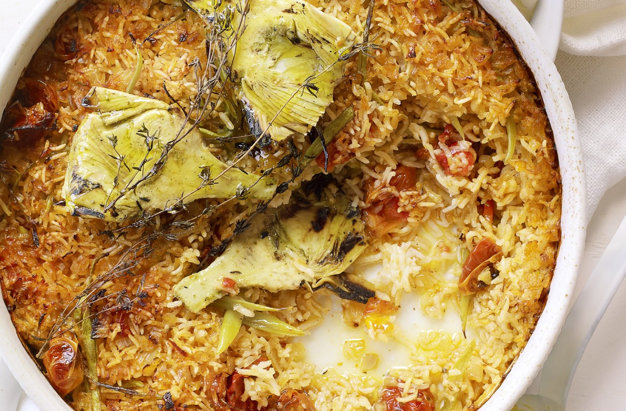 image of baked rice with tomatoes & artichokes