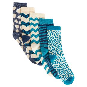 John Lewis 5pk Animal Teal Socks