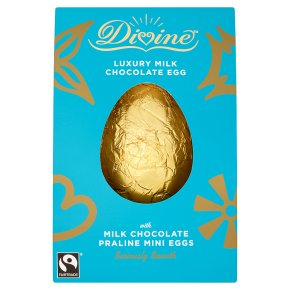 Divine Fairtrade Luxury Milk Chocolate Egg with Milk Chocolate Praline Mini Eggs 260g