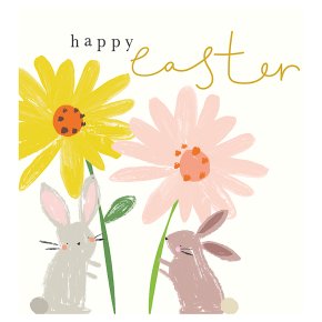 Bunnies With Flowers Happy Easter Card