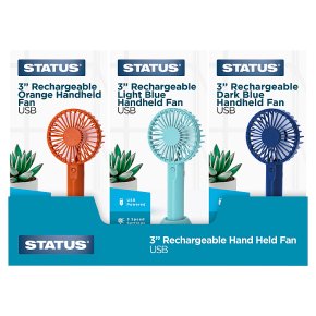 Status 3" Hand Held Rechargeable Fan, Coral , Turquoise, Blue