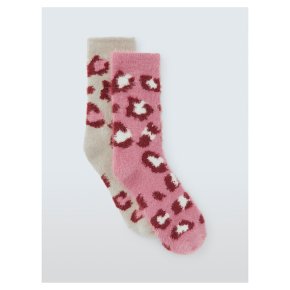 Fluffy Cosy Animal Socks Pink/Oatmeal 2PK