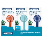 Status 3" Hand Held Rechargeable Fan, Coral , Turquoise, Blue