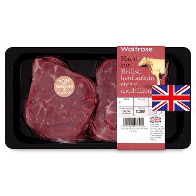 Waitrose 2 British beef hand cut sirloin steak medallions