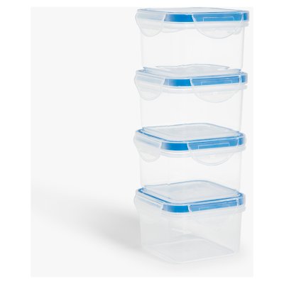 John Lewis ANYDAY Square Airtight Plastic Kitchen Storage Container, Set of 4, 80ml, Clear/Blue