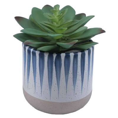 Curate Faux Floral Single Succulent in Blue Detail Ceramic Pot, 11cm Height